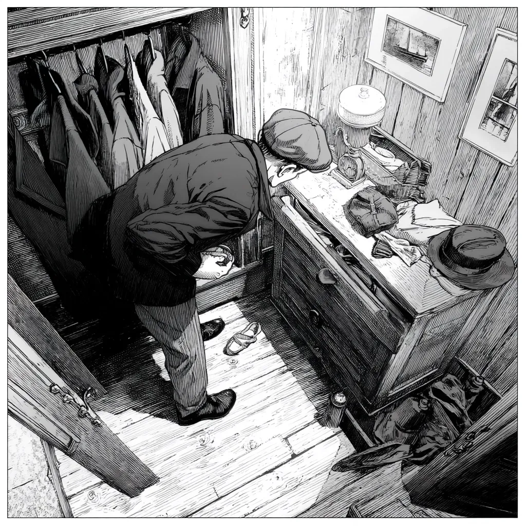 A man, wearing a cap and jacket, bends over a wooden dresser in a dimly lit room.  The dresser is cluttered with clothes and hats.  A closet filled with coats is visible in the background. The man seems to be searching for something within the dresser's drawers.  The room's wooden floor and walls are detailed with a textured, sketchy style. The overall scene evokes a feeling of mystery and possibly a search for a specific item.