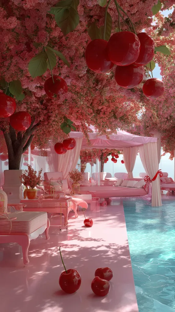A dreamy pink paradise surrounds a tranquil turquoise pool.  Large, glossy cherries adorn cherry blossom trees that shade a luxurious pink lounge area with plush seating and ornate furniture.  The scene is idyllic and surreal, a whimsical blend of nature and fantasy.  Sunlight filters through the blossoms, casting gentle shadows on the polished pink floor.