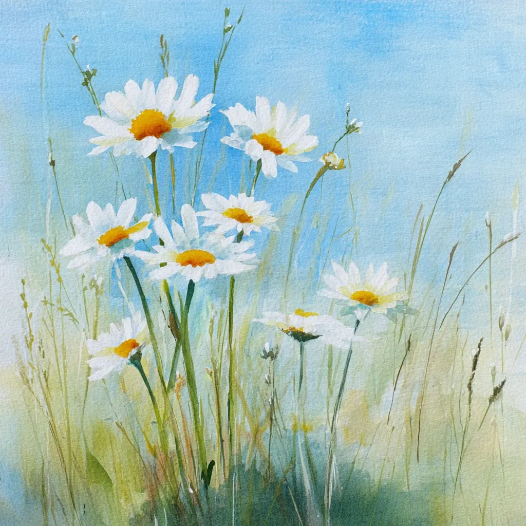 A watercolor painting depicts a cluster of daisies in a field.  The daisies are white with bright yellow centers, and their stems rise from a bed of delicate green grasses against a pale blue sky.  The style is loose and impressionistic, emphasizing the light and airy feeling of a sunny day.  The overall effect is serene and peaceful, capturing the beauty of wildflowers.