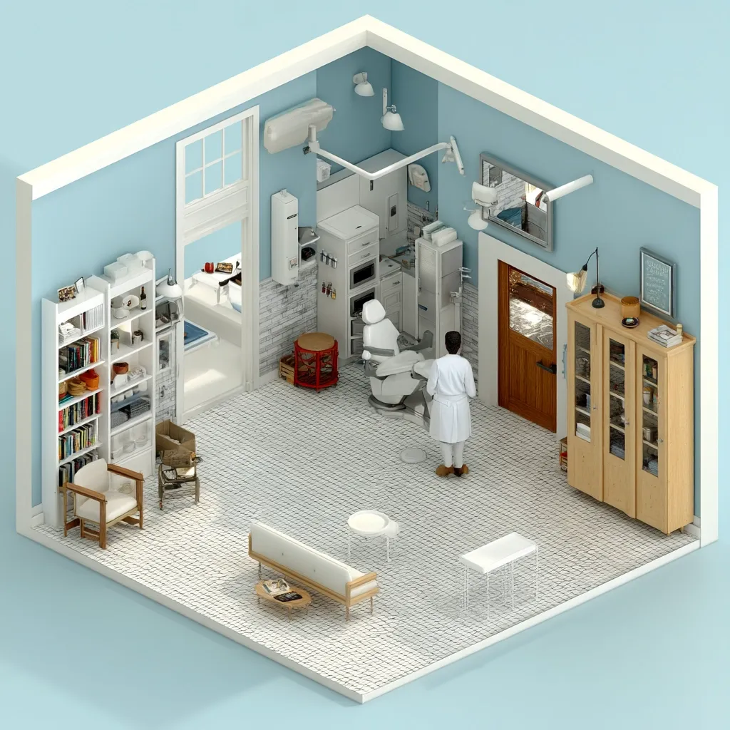 An isometric view of a dentist's office.  The room features a modern dental chair, cabinetry, and waiting area with a couch and small tables.  Bookshelves and a storage cabinet are also visible. A dentist in a white coat stands near the dental chair.  The overall style is minimalist and clean, with a light blue color palette.  A glimpse of an adjoining bathroom is visible through an open doorway.