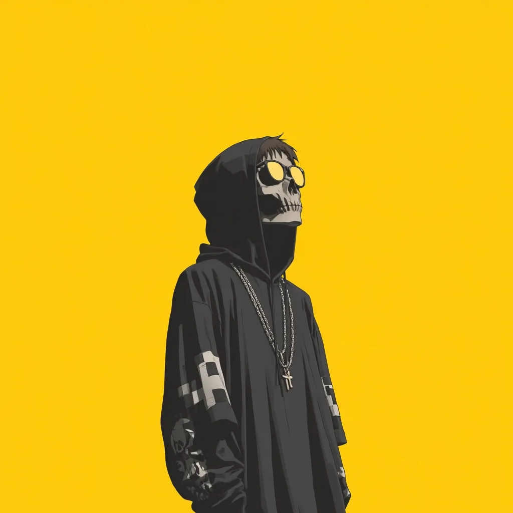 Against a vibrant yellow backdrop, a stylized illustration depicts a figure shrouded in a black hoodie.  The hoodie's shadow conceals the face, revealing only a skull-like visage wearing yellow sunglasses.  The figure sports a long, silver chain necklace with a small cross pendant.  The sleeves of the hoodie feature distinctive checkered and skull-like design elements.  The overall aesthetic is a blend of dark and edgy streetwear with a surreal, skull motif.