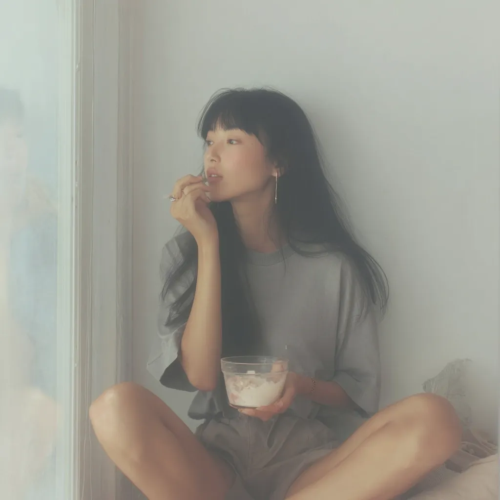 A young woman with long, dark hair sits by a window, legs crossed. She wears a light grey, short-sleeved shirt and shorts.  She holds a small glass bowl, seemingly containing a dessert, and gazes thoughtfully out the window. The overall mood is serene and peaceful, with soft lighting and muted tones.