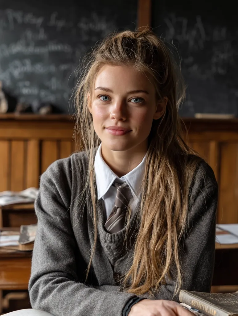 A young woman with long blonde hair, styled in a half-updo, sits at a wooden desk in a classroom. She wears a grey cardigan over a crisp white collared shirt and a striped tie, suggesting a school uniform.  Her expression is pleasant and approachable, and she appears to be studying or ready for class. The background features a dark chalkboard filled with writing and a traditional wooden wainscot.