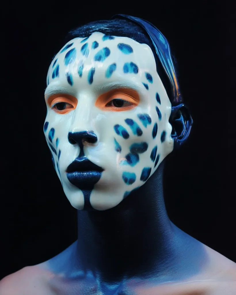 Close-up of a person with elaborate body paint.  Their face is adorned with a striking mask featuring a white base and teal leopard-like spots. The neck and shoulders are painted a deep blue, contrasting sharply with the mask. The overall effect is one of surreal elegance and artistic transformation, creating a captivating image.
