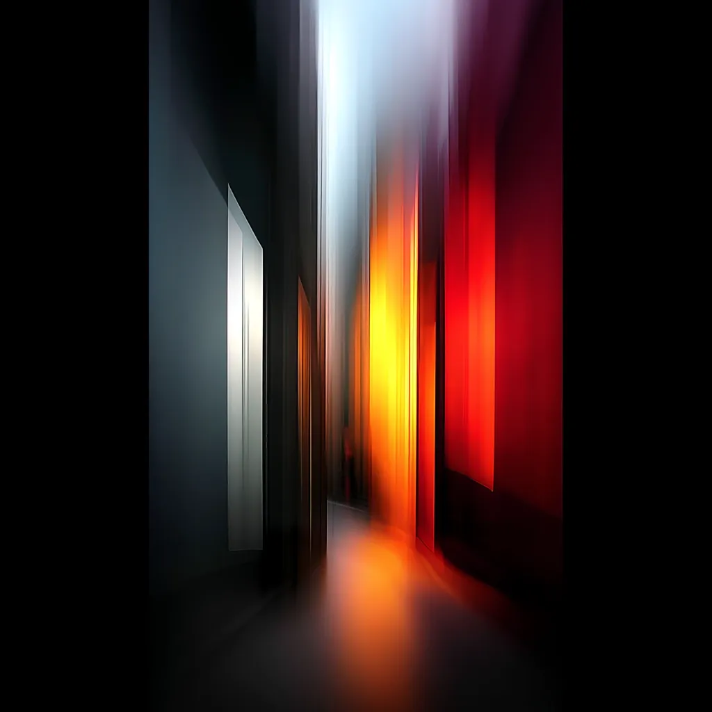An abstract image depicts a blurred, corridor-like space.  Vertical streaks of color, primarily dark gray, white, orange, and red, dominate the scene. The colors suggest movement and depth, creating a feeling of a dynamic, perhaps futuristic, environment.  The overall effect is one of vibrant energy and abstract form.  A warm, orange light glows at the vanishing point.