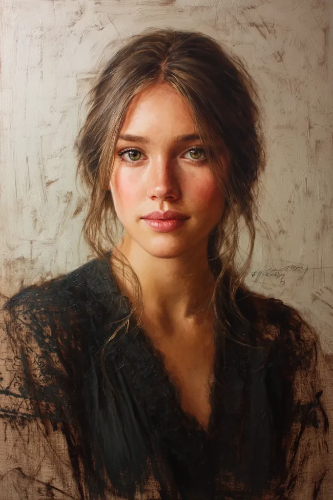 A realistic oil painting depicts a young woman with shoulder-length brown hair, styled in a loose updo.  Her gaze is direct, and she wears a dark, lacy garment with a low neckline. The background is a textured, muted beige, contrasting with the rich tones of her skin and clothing. The painting showcases masterful brushwork and a focus on capturing the subtle nuances of light and shadow on the subject’s face.