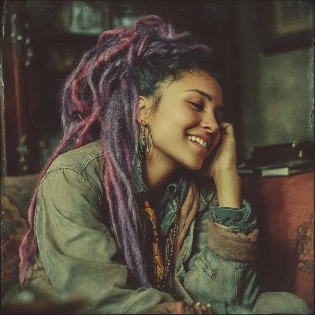 A young woman with long, purple and pink dreadlocks smiles serenely.  She's wearing a worn, olive-green jacket and several necklaces.  Her eyes are closed, suggesting peacefulness or contemplation. The image has a vintage, slightly desaturated filter applied, creating a nostalgic atmosphere.  She appears relaxed and content, possibly lost in thought.