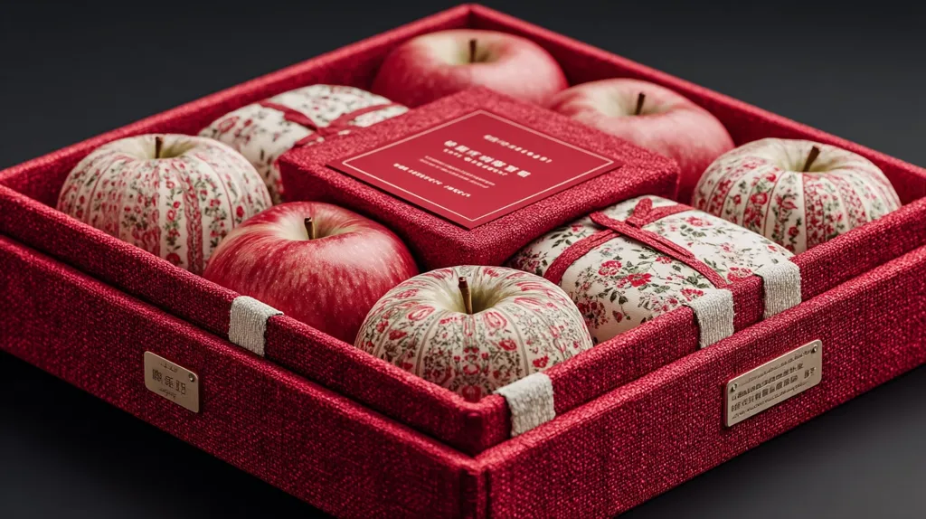 A luxurious red gift box contains six apples.  Each apple is individually wrapped in delicate floral fabric, adding a touch of elegance.  A red card sits in the center, and the box is detailed with metallic plaques. The presentation suggests a high-end, possibly celebratory gift.  The overall aesthetic is refined and sophisticated.