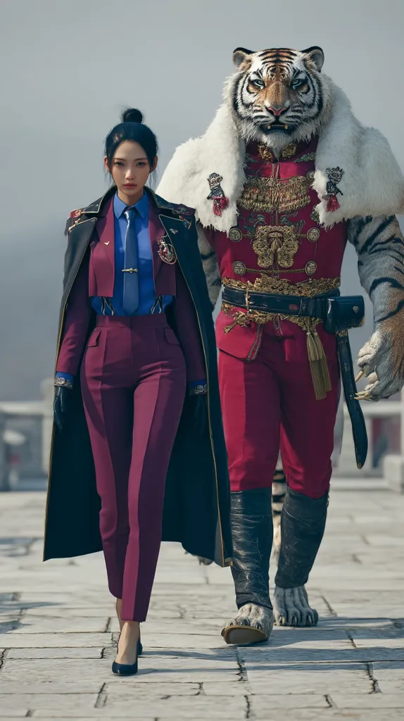 A woman in a dark burgundy pantsuit and long black coat walks alongside a tiger-humanoid. The humanoid wears a richly decorated red and gold uniform with a large white fur collar.  Both figures are sharply dressed and exude power. The setting appears to be an outdoor stone pavement. The image suggests a fantasy or futuristic setting.