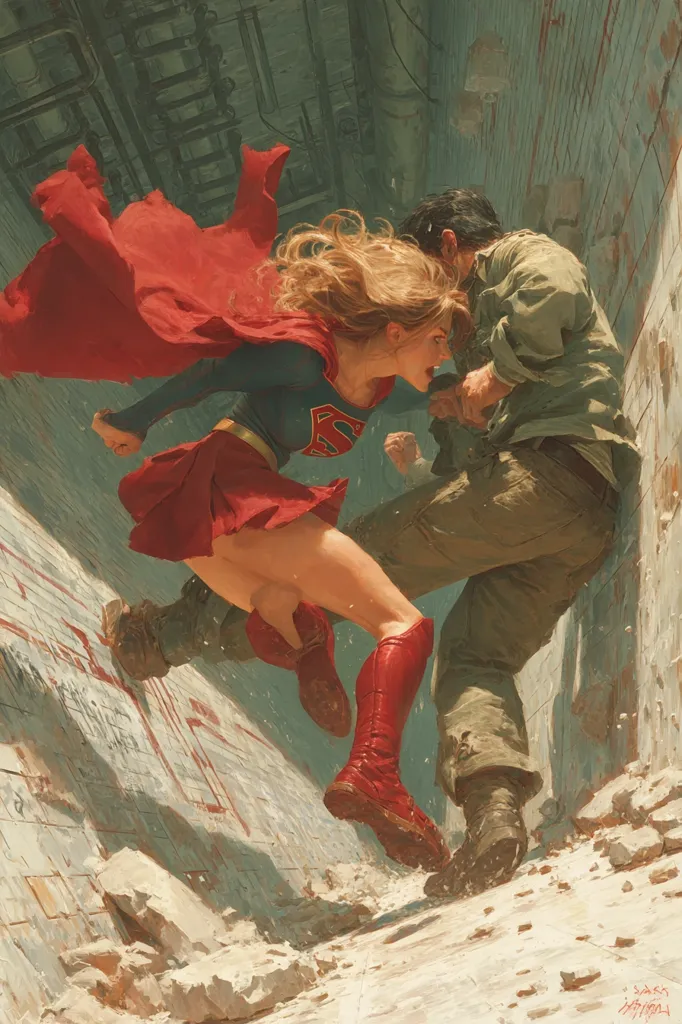 Supergirl, in her iconic red and blue costume, fiercely confronts a man in a narrow, crumbling alleyway.  Her red cape billows behind her as she delivers a powerful kick. The man, dressed in military-style attire, is visibly struggling against her strength.  Debris litters the ground, evidence of the intense struggle. The scene is painted in a dynamic, action-packed style.