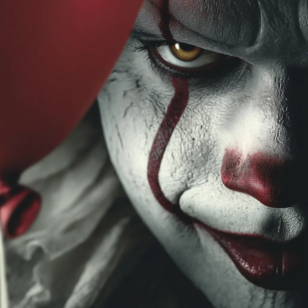 A close-up shot reveals a chilling detail of Pennywise, the terrifying clown from Stephen King's "It."  His malevolent gaze, accentuated by sharp makeup, is intense and unsettling.  A sinister smirk plays on his lips, and his crimson painted nose adds to the grotesque effect.  The image is dark and moody, enhancing the overall sense of dread.  A red balloon is partially visible in the upper left corner.