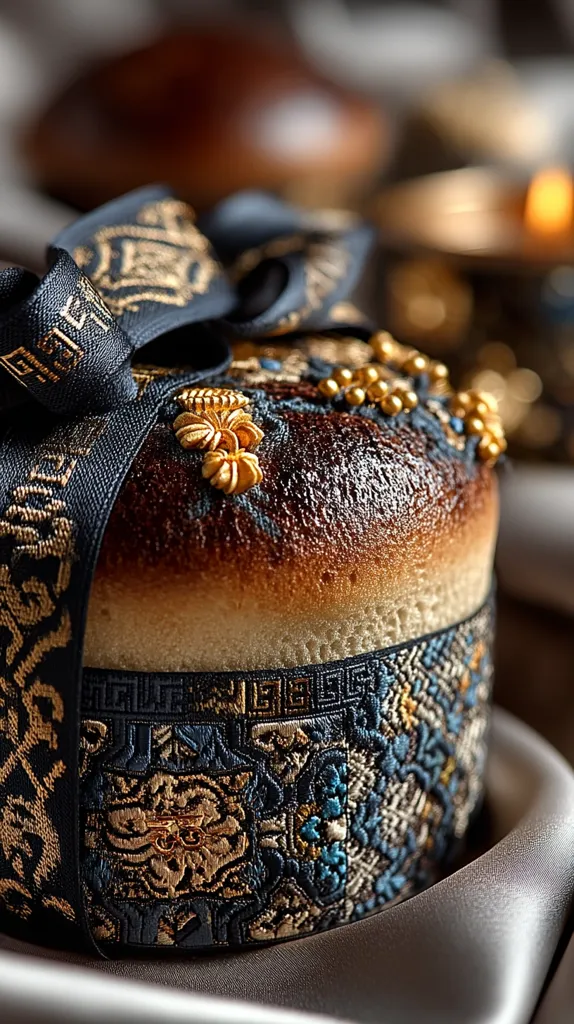 A close-up reveals a delicately crafted baked good, possibly a cake or bread, adorned with gold accents and intricate detailing.  It's encased in a luxurious, dark blue and gold patterned fabric band, tied with a matching ribbon. The rich textures and colors suggest a high-end, possibly celebratory, confection. The background subtly hints at a sophisticated setting.