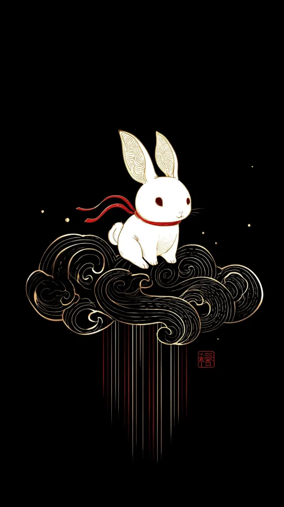 A white rabbit, adorned with a red ribbon, sits serenely atop a stylized black cloud.  The cloud is intricately detailed with swirling gold lines, giving it a sense of movement.  Beneath the cloud, golden vertical lines descend, resembling rain or flowing energy. The artwork is set against a stark black background, creating a dramatic and elegant aesthetic.  A small red seal is subtly placed near the bottom.
