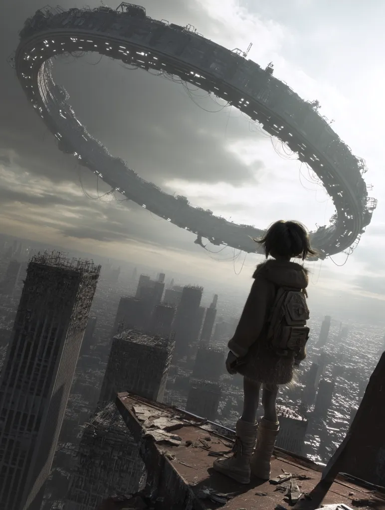 A solitary child, bundled in heavy clothing and a backpack, stands on the edge of a ruined cityscape.  A colossal, ring-shaped spacecraft hangs ominously in the overcast sky above the decaying metropolis. The scene evokes a post-apocalyptic atmosphere, suggesting a world altered by a catastrophic event. The child's posture conveys a sense of isolation and contemplation amidst the desolation.