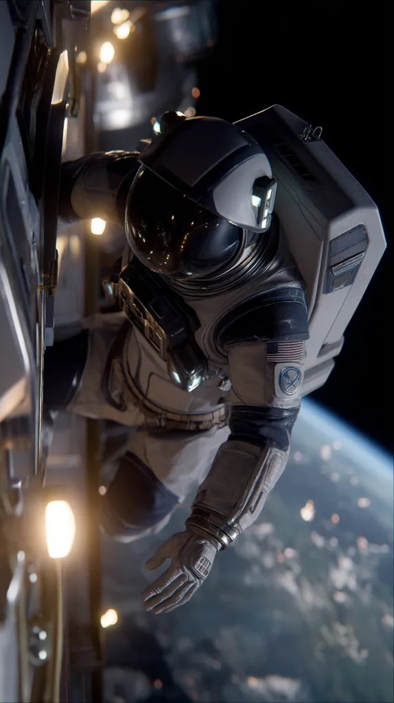 A lone astronaut performs a spacewalk, their suit a blend of white and dark gray.  The astronaut's hand extends outwards, seemingly reaching for something beyond the frame.  The backdrop is the inky blackness of space, punctuated by the distant blue curve of Earth and bright lights of a space station. The suit features a US flag patch and a circular emblem.  The overall mood is one of isolation and awe-inspiring exploration.