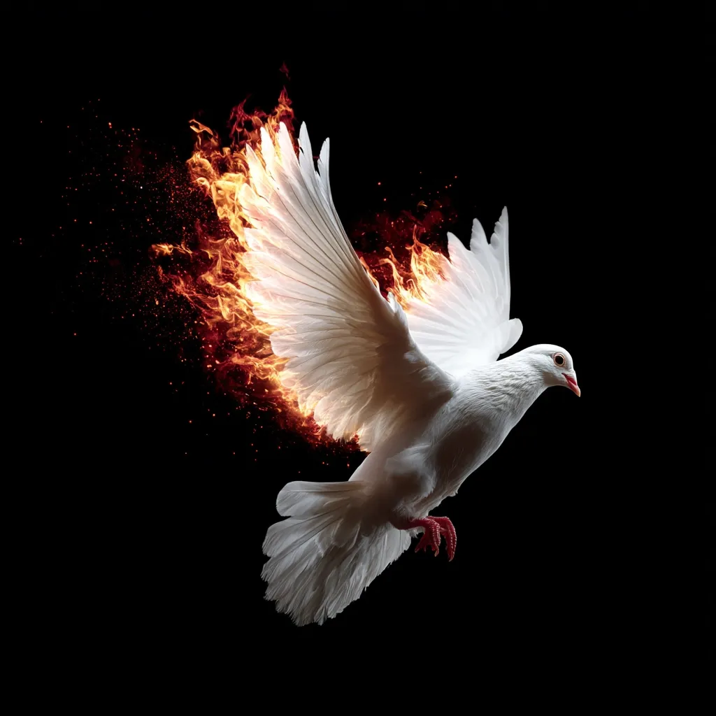 A white dove, wings outstretched in flight, is depicted against a black background.  Its wings are engulfed in fiery orange and yellow flames, creating a dramatic and powerful image. The dove appears to be in motion, its feathers sharply defined.  The contrast between the pure white of the bird and the intense fire emphasizes a sense of energy and spirituality.