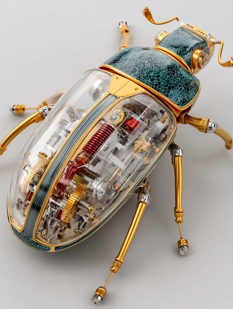 A meticulously crafted steampunk beetle sculpture is showcased. Its body, a teal cracked-patterned shell, is encased in clear material revealing an intricate gold and copper clockwork mechanism within.  Gold legs, articulated with tiny details, extend from the body, exhibiting exceptional craftsmanship. The piece blends artistry and engineering in a captivating display.