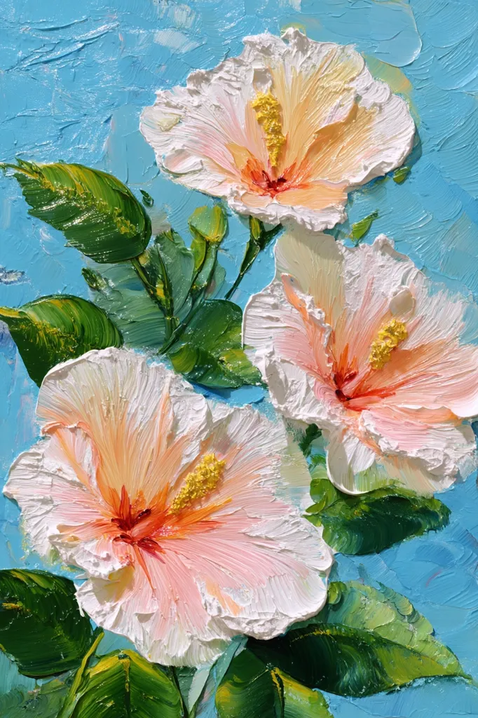 A vibrant oil painting showcases three pale pink hibiscus blossoms against a bright blue sky.  The artist uses impasto techniques, creating a textured, almost three-dimensional effect on the petals.  Lush green leaves surround the flowers, adding depth and contrast to the composition.  The overall feel is one of tropical warmth and summery brightness.