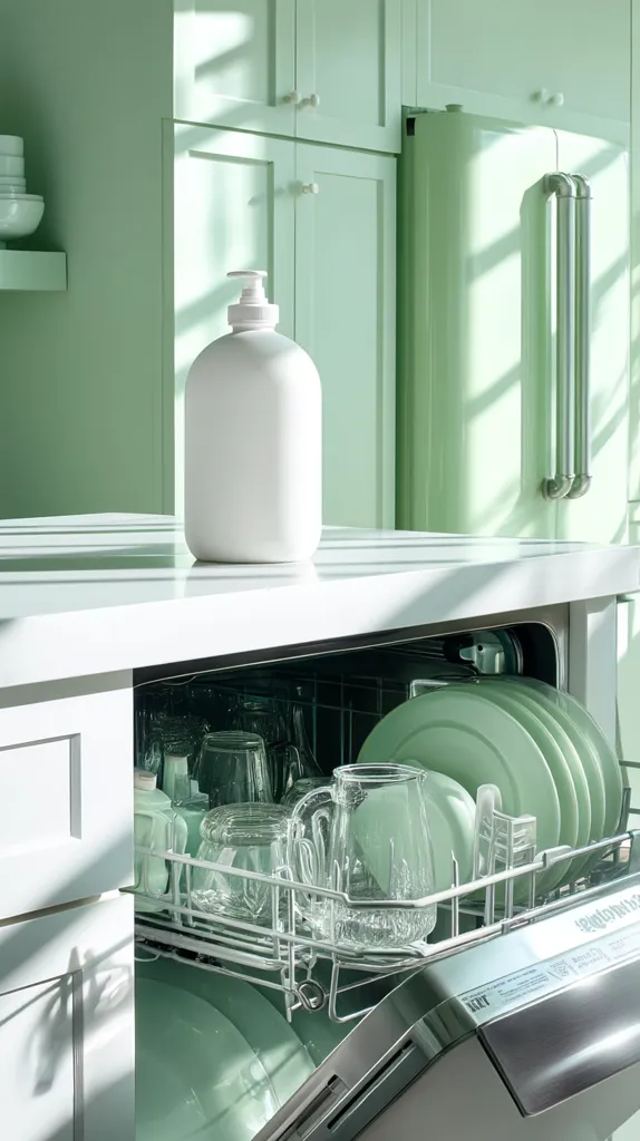 A white countertop sits beneath a pale green kitchen cabinet, showcasing a partially opened stainless steel dishwasher filled with clean glassware and pale green dishes.  A white pump bottle of dish soap rests on the counter. Sunlight streams through a window, casting shadows across the scene.  The overall aesthetic is clean, modern, and minimalist.