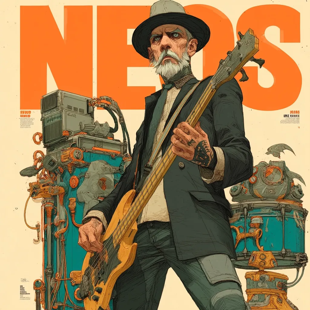 A stylized illustration depicts an elderly man with a grey beard and hat, playing a bass guitar.  He's dressed in a suit, his hand adorned with tattoos.  The background features large orange lettering and a complex, steampunk-inspired machine resembling a musical instrument amplifier. The overall style is detailed and reminiscent of comic book art or graphic novel illustrations.