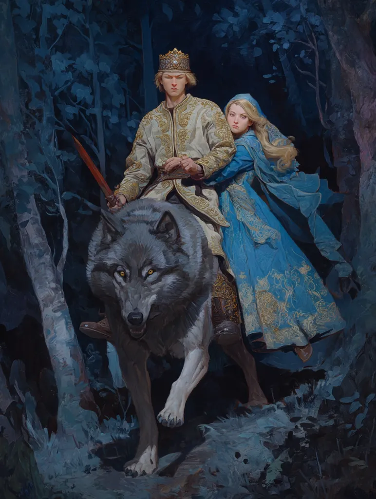 A young king, crowned and in ornate clothing, rides a large grey wolf through a dark forest.  A young woman in a flowing blue gown sits beside him, her blonde hair cascading down her back.  The wolf's eyes glow intensely, and a sword is sheathed at the king's side. The scene evokes a sense of fantasy and adventure.