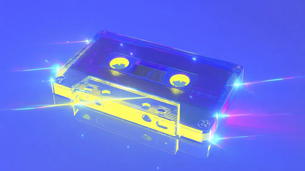 A retro-styled, translucent audio cassette tape is presented against a vibrant blue backdrop.  The cassette glows with neon yellow and blue accents, radiating light streaks. Its reflective surface mirrors the surrounding environment, creating a futuristic, nostalgic aesthetic reminiscent of 80s synthwave imagery.  The image is digitally enhanced, showcasing vibrant colors and light effects.