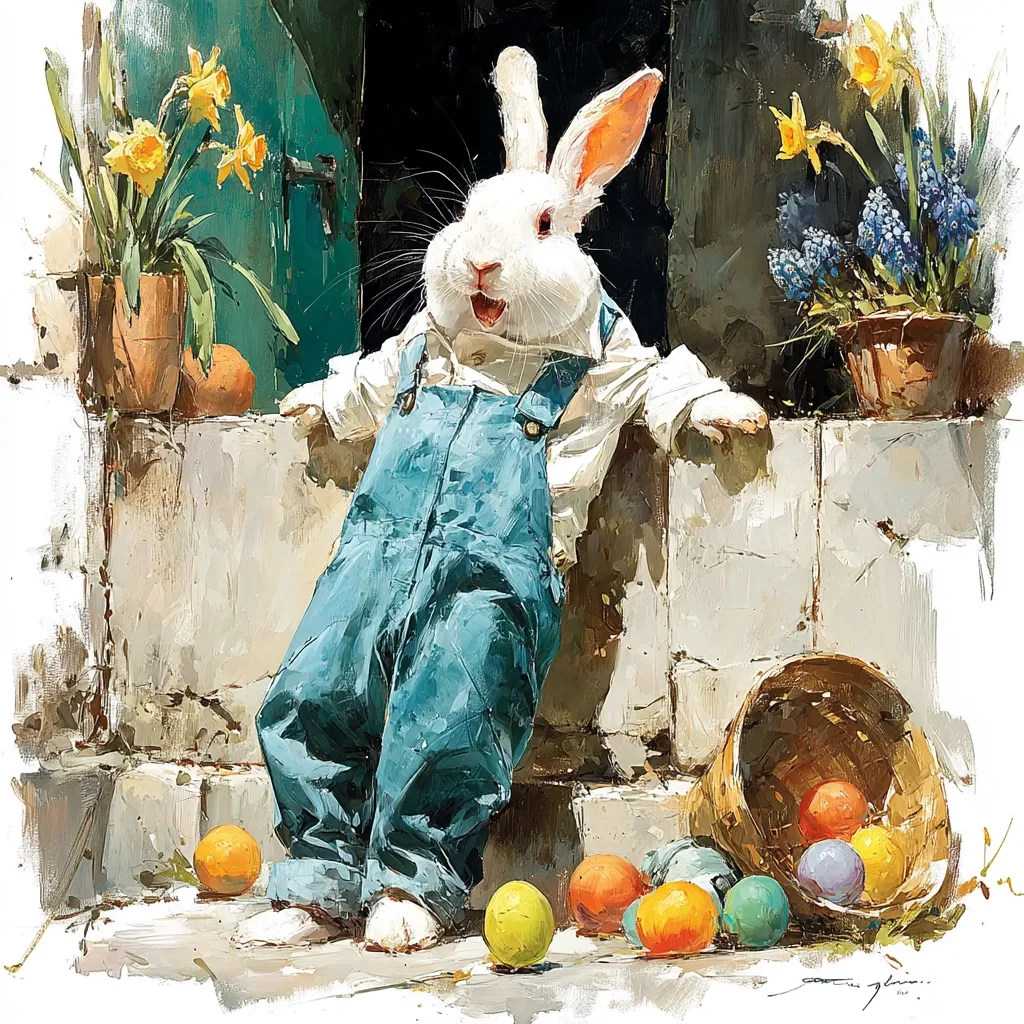 A whimsical painting depicts a white rabbit wearing blue overalls, leaning against a stone wall.  Spring flowers, daffodils and grape hyacinths, are in pots nearby.  Scattered colorful Easter eggs lie at the rabbit's feet near an overturned basket. The style is impressionistic with visible brushstrokes, creating a cheerful, vibrant scene.
