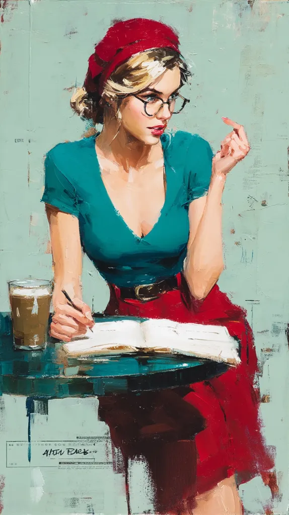 A painting of a woman with blonde hair, wearing a red beret and teal shirt, sits at a table. She wears glasses and a red skirt, and is writing in a notebook.  A glass of what appears to be a latte sits on the table beside her.  The style is expressive and painterly, with visible brushstrokes and a textured background.  The overall mood is contemplative and stylish.