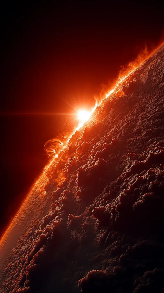 A vibrant sunrise illuminates a fiery, textured landscape.  Intense orange and red hues dominate the scene as the sun's rays break through the horizon, casting dramatic light and shadow across a surface resembling volcanic rock or dark clouds. The overall effect is one of intense heat and celestial power.