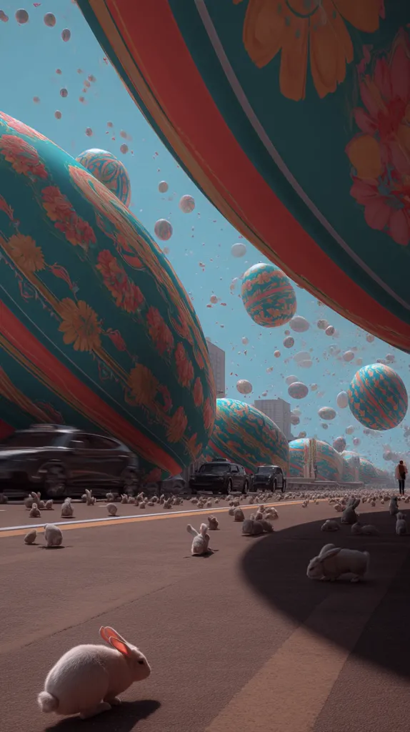 A surreal cityscape unfolds under a giant, patterned fabric canopy.  Numerous cars drive along a road teeming with white rabbits.  Large, ornate spheres float in the sky, adding to the dreamlike atmosphere. The scene blends realistic elements with fantastical ones, creating a striking visual juxtaposition.  A lone figure is visible in the distance, adding a sense of scale to the unusual environment.