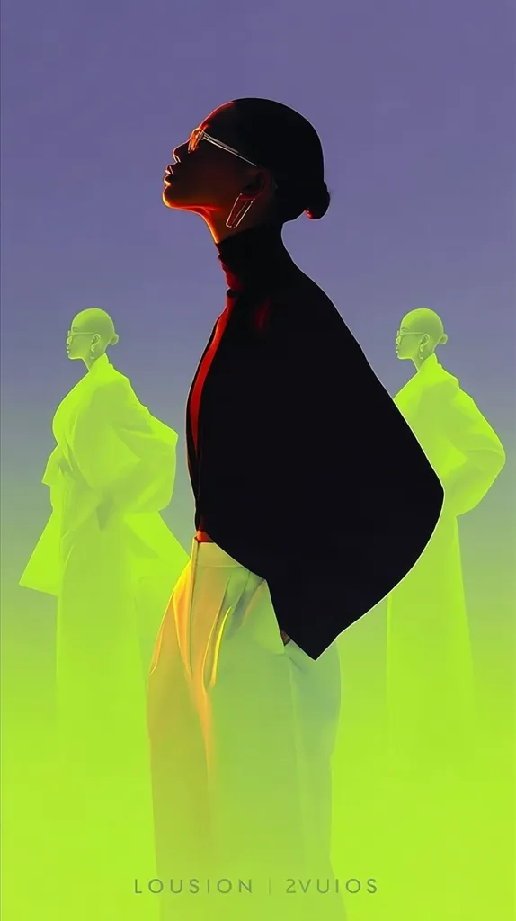 A stylized portrait of a woman in a dark jacket and light pants, viewed in profile against a muted purple background.  Two translucent, lime-green figures flank her, suggesting a sense of duality or mirroring. The overall aesthetic is modern and minimalist, with bold color contrasts and a strong graphic design.  The artist's signature, "LOUSION | 2VUIOS," is subtly placed at the bottom.