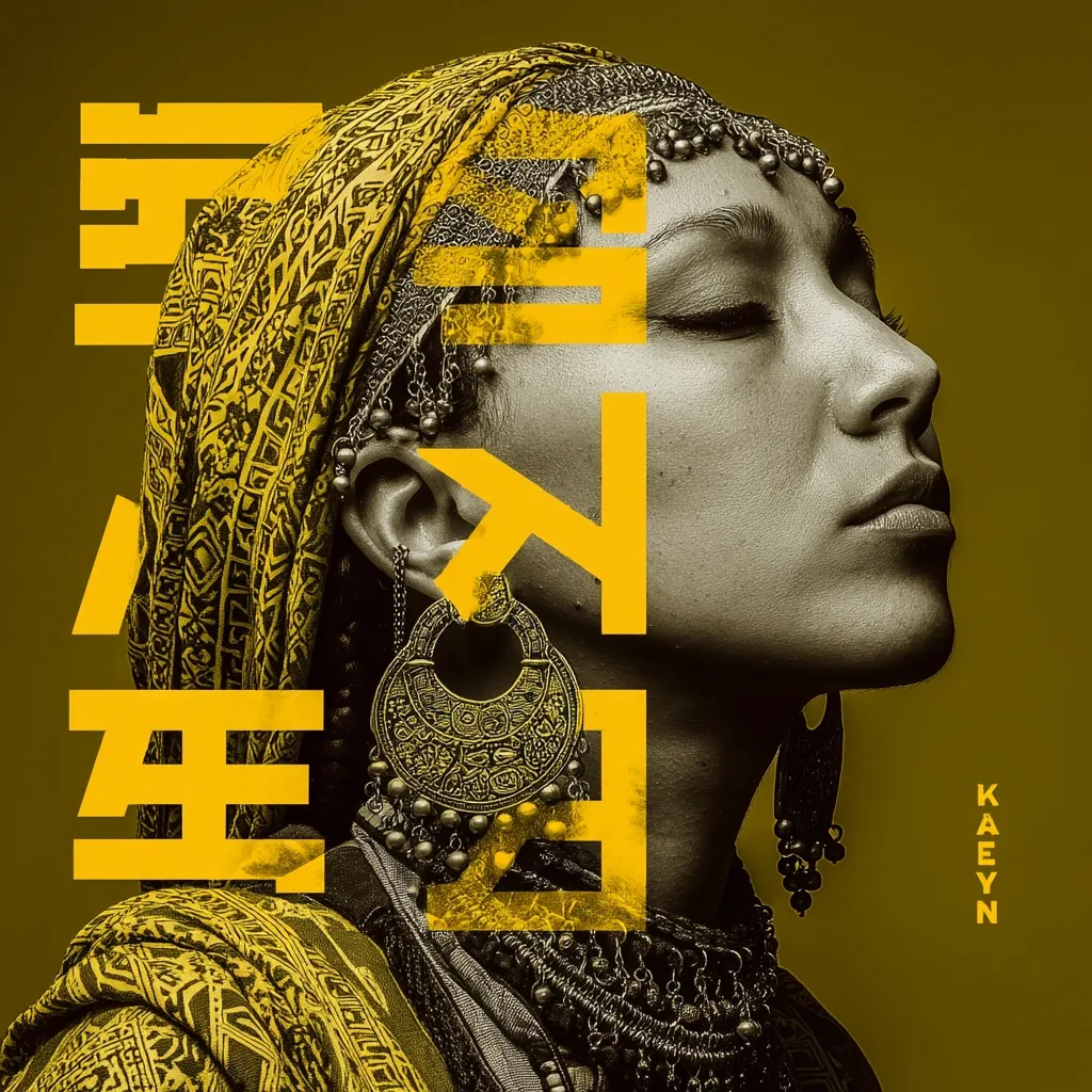 A sepia-toned profile of a woman wearing ornate gold jewelry and a patterned headwrap is overlaid with bold yellow stylized text.  The woman's eyes are closed, suggesting serenity or contemplation. The image has a strong graphic design aesthetic, with the text seemingly integrated into the subject's form.  The artist's name, KaeYn, is subtly placed in the lower right corner. The overall mood is one of cultural richness and artistic expression.