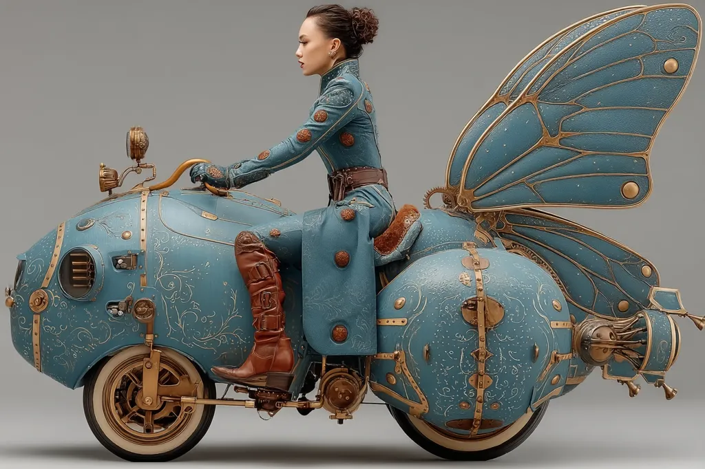 A woman in a teal steampunk-style outfit rides a fantastical motorcycle.  The motorcycle is intricately designed with a teal and gold finish, adorned with ornate details and large, butterfly-like wings. The vehicle's body is rounded, resembling a biomechanical insect, and features visible gears and mechanisms.  The scene is set against a neutral gray backdrop.