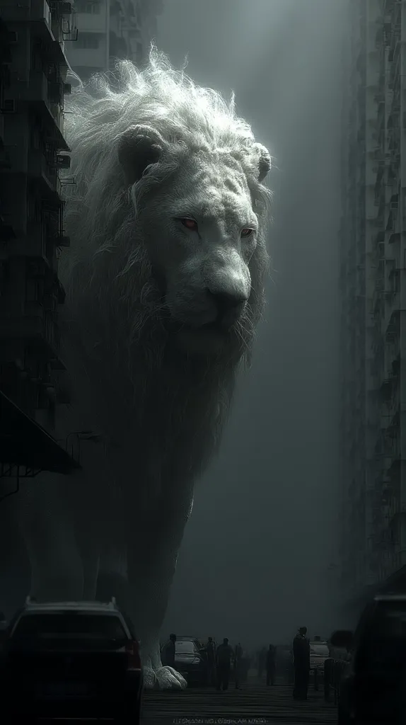 A colossal white lion, its mane flowing, stands between towering city buildings shrouded in mist.  Its imposing size dwarfs human figures and vehicles below, creating a dramatic contrast between nature's power and urban architecture. The scene is dark and atmospheric, emphasizing the lion's dominance and the vulnerability of the people in its shadow.  A sense of awe and impending event pervades the image.