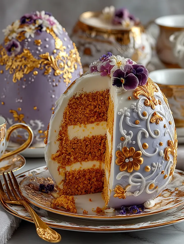 A lavish Easter cake, shaped like a decorated egg, is presented on an ornate plate.  The lavender-hued cake is adorned with gold leaf detailing and fresh pansies. A slice reveals layers of moist-looking sponge cake and creamy filling.  The background features additional egg-shaped cakes and elegant teacups, enhancing the luxurious feel.