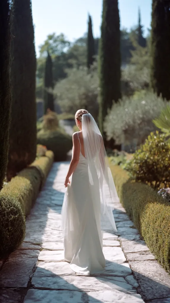 A bride in a flowing white wedding dress and veil walks down a sun-dappled stone pathway.  Tall, slender cypress trees line the path, creating a picturesque and serene garden setting.  The bride's back is to the camera, her elegant gown trailing behind her as she walks towards the light. The scene is peaceful and evokes a sense of quiet contemplation.