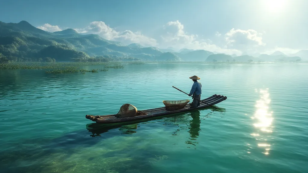 A lone fisherman navigates a tranquil, jade-green lake on a simple bamboo raft.  Mountains rise in the distance, shrouded in a soft morning mist under a clear sky.  The sun glints on the water's surface, reflecting the serene beauty of the landscape.  The fisherman, wearing a conical hat, poles his raft, baskets for his catch at his side.  The scene is peaceful and idyllic, capturing the essence of rural life in harmony with nature.