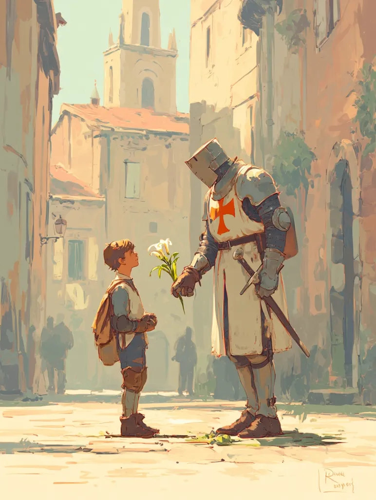 A painting depicts a scene in a sun-drenched medieval town square.  A young boy, carrying a backpack, offers a bouquet of white lilies to a towering knight in full Templar armor. The knight, bearing the red cross on his surcoat, gently accepts the flowers.  The background features aged stone buildings and a church steeple under a clear sky, creating a peaceful yet slightly melancholic atmosphere.