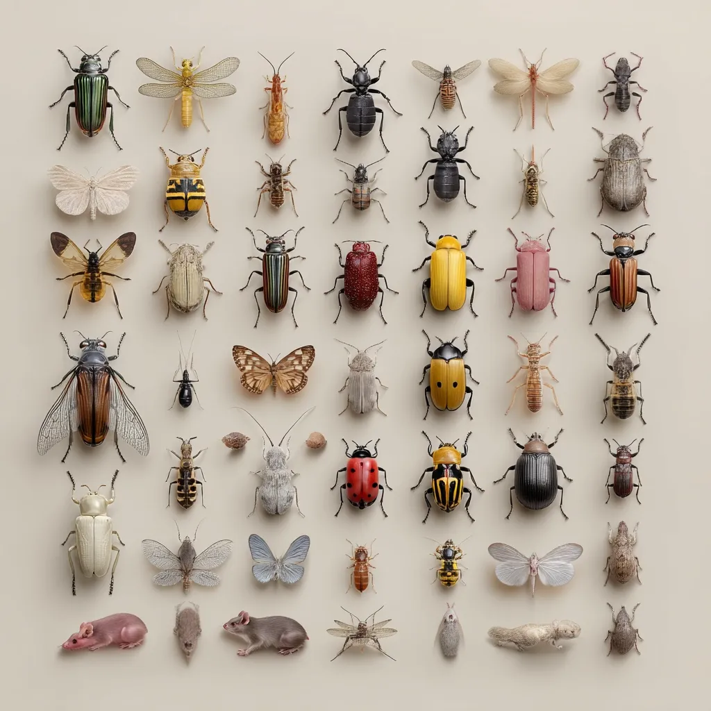 A meticulously arranged collection of insects and small mammals is displayed against a neutral beige background.  The array features a diverse range of beetles, moths, butterflies, and other arthropods, showcasing variations in color, size, and wing structure.  Two small mice are included at the bottom, adding a unique contrast to the insect specimens. The overall presentation is precise and visually appealing, resembling a scientific or entomological exhibit.
