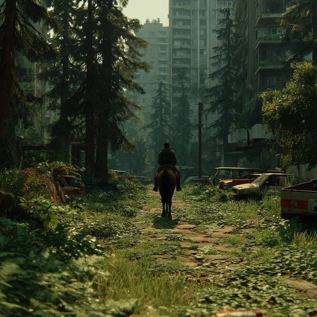 A lone figure on horseback rides down a overgrown path between dilapidated buildings.  Nature reclaims the urban landscape, with lush vegetation sprouting amidst abandoned cars.  Tall trees line the path, casting shadows in the misty morning light.  The scene evokes a sense of post-apocalyptic desolation and quiet solitude.