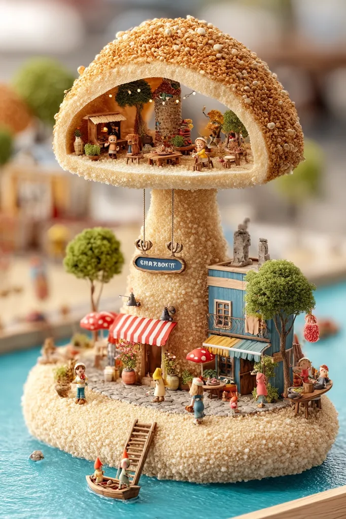 A whimsical miniature village nestled under a giant mushroom.  Tiny figurines populate a charming scene with shops, houses, and a small boat on a miniature lake.  The mushroom's cap is textured like sand, creating a cohesive and enchanting miniature world.  Warm lighting enhances the detail, making it appear like a magical, secluded community.  The overall style is playful and fantastical.