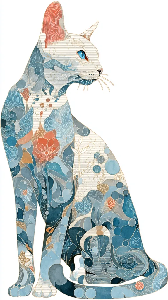 An illustration of a cat sitting in profile, its body adorned with intricate blue and gold floral patterns.  The cat's fur is depicted as a flowing, watery design, blending seamlessly with swirling motifs. Its eyes are a striking blue, contrasting the soft, pastel shades of the overall artwork. The style is reminiscent of Asian art, with delicate linework and a sense of serene elegance.