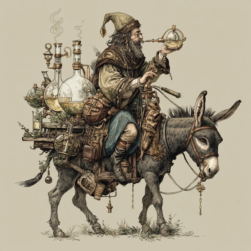 A whimsical illustration depicts a long-bearded alchemist, wearing a pointed hat and robe, perched atop a donkey laden with an assortment of glass flasks, metal contraptions, and alchemic equipment.  The donkey carries a complex contraption of vials and pipes, suggesting a mobile laboratory.  The alchemist examines a small glass orb, adding to the fantastical scene.  The overall style is reminiscent of vintage illustrations, with detailed linework and muted colors.