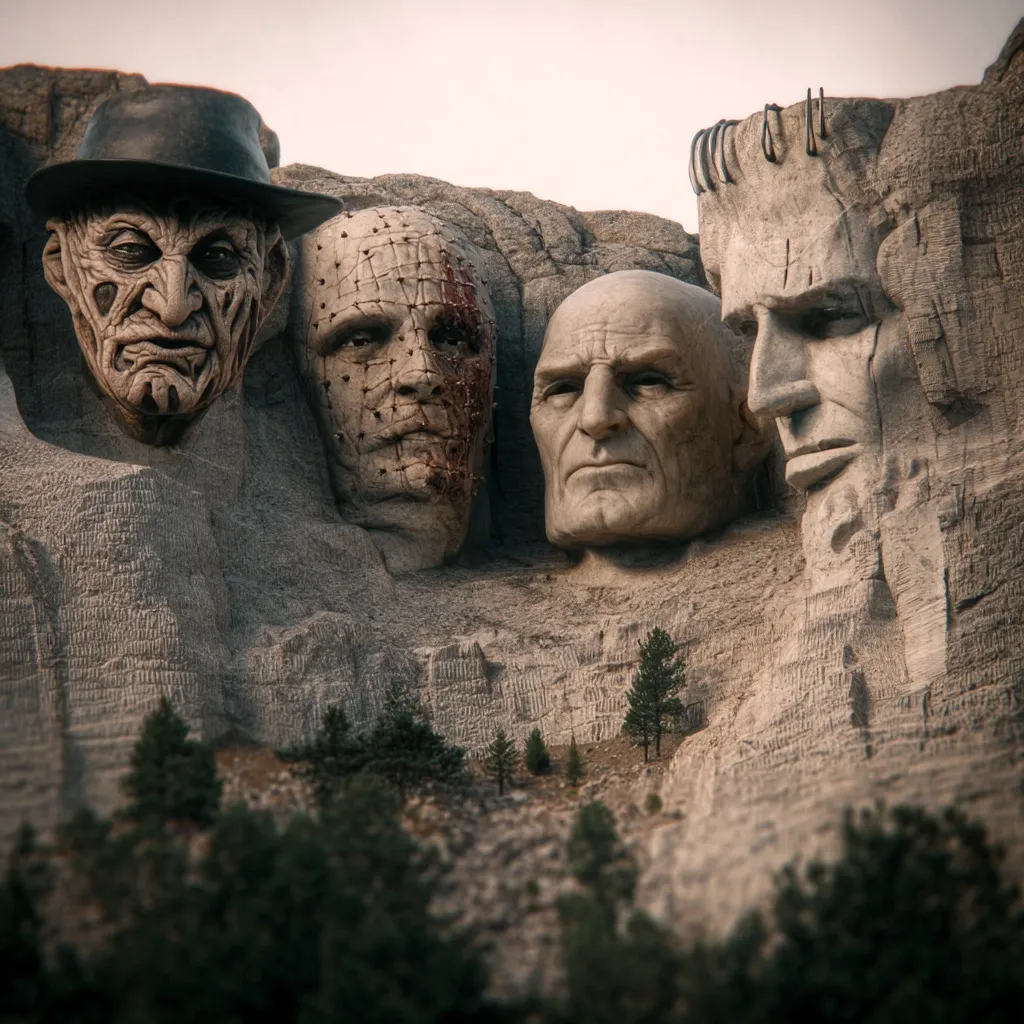 A digital artwork depicts a Mount Rushmore-style monument carved into a stone cliff face. Instead of U.S. presidents, the faces are horror icons: Freddy Krueger, Pinhead, Leatherface, and Frankenstein's monster.  Their expressions are grim, reflecting the characters' terrifying nature. The setting is desolate, with sparse, dark pine trees at the base.  The overall tone is dark and unsettling.