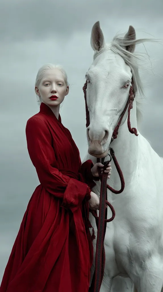 A pale-skinned woman in a long, crimson dress stands beside a white horse under a stormy sky.  The woman's red lips and the horse's bridle create a striking contrast against their pale features and the muted background.  She holds the horse's reins, creating a sense of connection and stillness. The overall mood is dramatic and evocative.