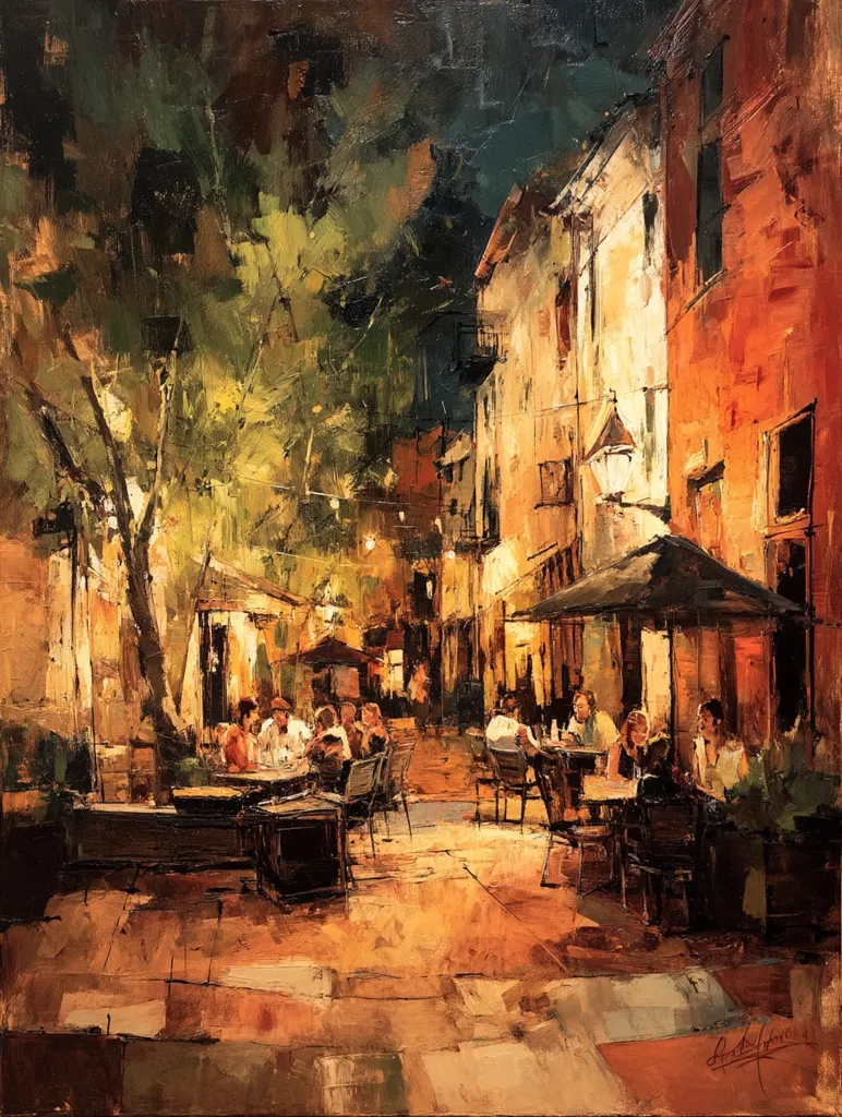 An impressionistic painting depicts a lively outdoor café scene at twilight.  Warm, golden light illuminates patrons seated at tables under a tree and beneath an umbrella, their figures rendered with loose brushstrokes.  The buildings lining the narrow street are rendered in rich reds and oranges, creating a sense of warmth and intimacy.  The overall style is expressive and evocative, capturing a fleeting moment of evening social life.