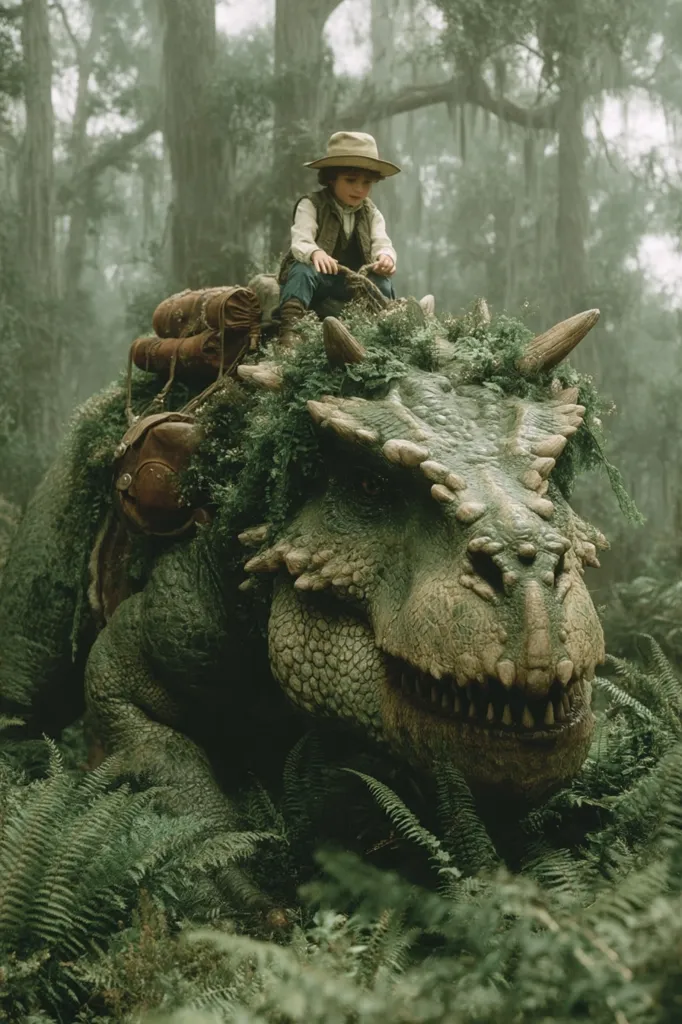 A young boy in a hat and vest sits atop a large, mossy dinosaur in a lush, misty forest.  The dinosaur appears docile, its head partially obscured by vegetation. The boy's attire suggests a journey, and packs are strapped to the dinosaur's back. The scene evokes a sense of adventure and a fantastical encounter in a prehistoric or mythical setting.