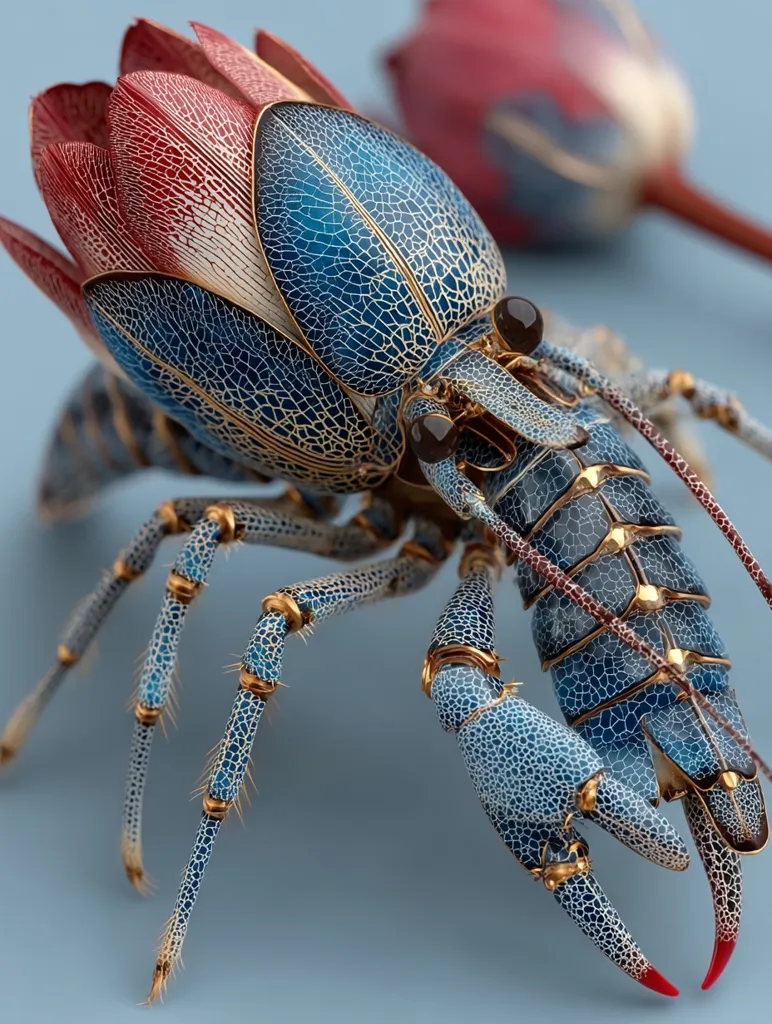 A close-up reveals a meticulously crafted, ornate lobster. Its carapace is a striking blend of teal and gold, textured like fine crackle glaze.  Red and white accents on its head resemble a stylized flower.  Gold detailing accentuates its segmented legs and claws, ending in a vibrant red tip. The creature is presented against a muted blue backdrop, highlighting its intricate design.
