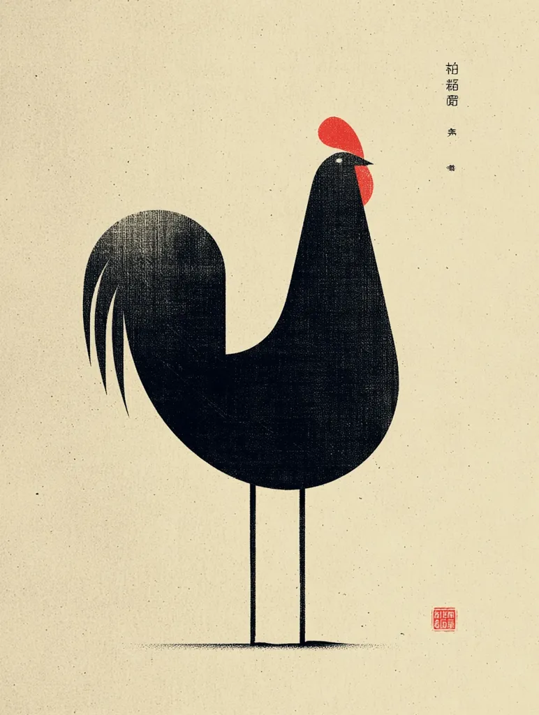 A minimalist illustration of a black rooster stands against a beige background.  Its form is simplified, with bold black lines defining its body and a small red comb.  The rooster's legs are long and slender.  A small red stamp is visible in the bottom right corner, and vertical Chinese characters are placed to the upper right. The style evokes a sense of both modern art and traditional Asian aesthetics.