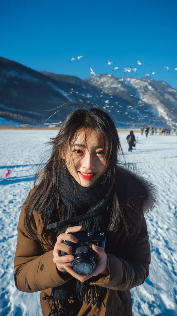 A young woman with long dark hair smiles warmly at the camera, holding a vintage-style film camera. She's bundled in a brown parka and black scarf, standing on a snow-covered landscape with mountains in the background.  A flock of birds flies overhead, adding to the serene winter scene.  The bright sunlight illuminates the scene.